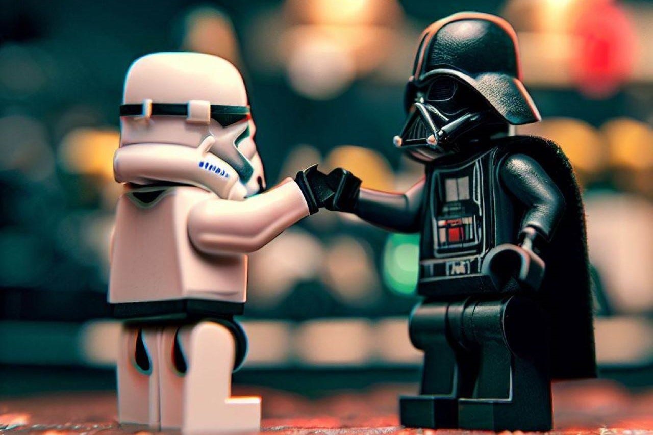 Lego Stormtrooper and Darth Vader shaking hands Lego Stormtrooper and Darth Vader shaking hands