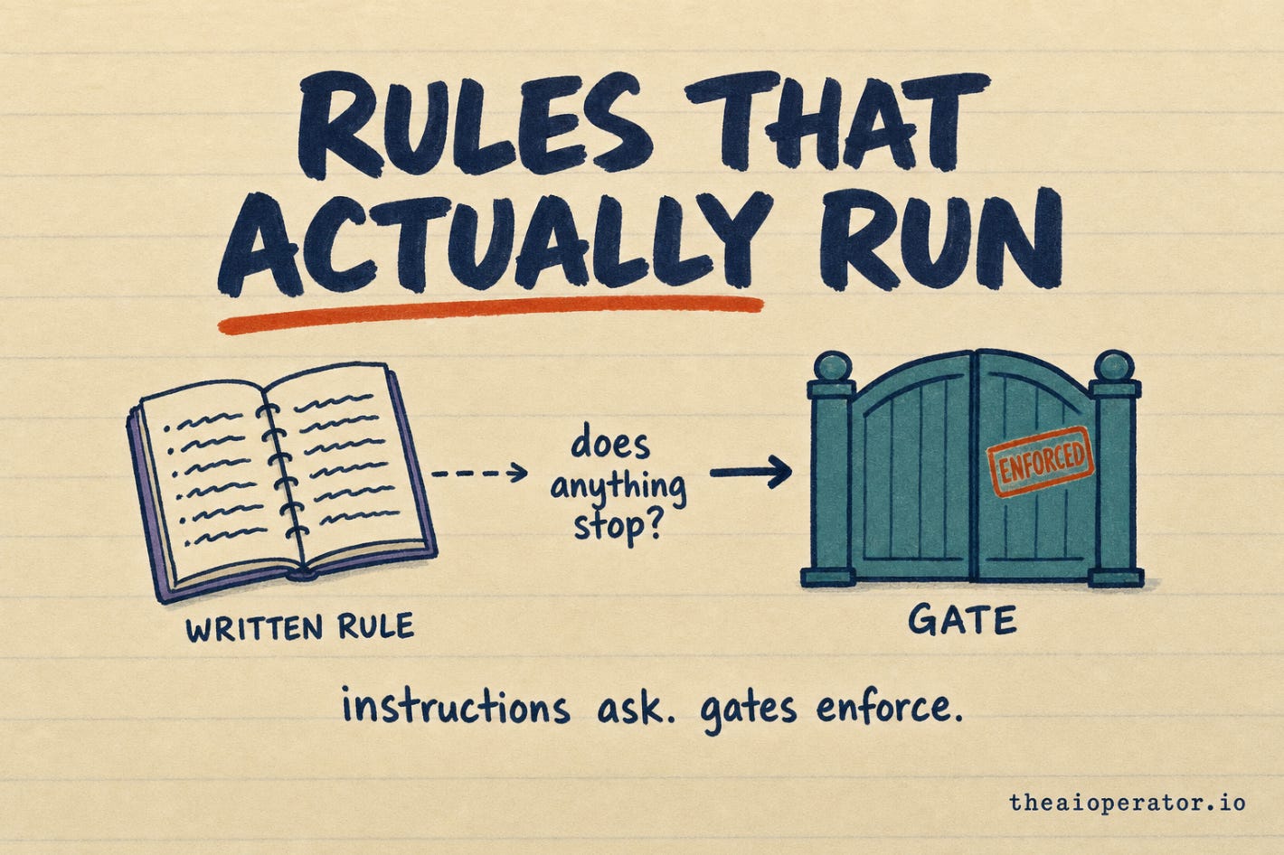 Hand-drawn sketchnote title card lettered RULES THAT ACTUALLY RUN, with a rust orange underline under ACTUALLY. An open notebook labelled WRITTEN RULE sends a dashed arrow that stops short, while a solid arrow passes through a teal gate stamped ENFORCED. Between them: does anything stop? Tagline reads: instructions ask, gates enforce.