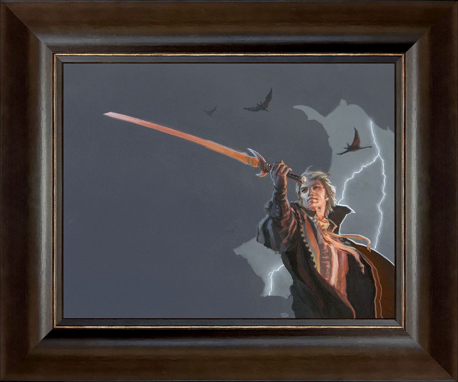 BY THE DRAGON'S HAND (2014), Figure study for A MEMORY OF LIGHT conservation framed in wood moulding. Rand al'Thor holds up Callandor as he enters Shayol Ghul. The crystal blade glows orange bathing Rand in light as he admires the weapon. He wears a long ornate jacket, dark with red accents. A ribbon tied at his neck flutters in motion. Behind him, bats fly in as lightning flashes in the cave opening. BY THE DRAGON'S HAND (2014), Figure study for A MEMORY OF LIGHT conservation framed in wood moulding. Rand al'Thor holds up Callandor as he enters Shayol Ghul. The crystal blade glows orange bathing Rand in light as he admires the weapon. He wears a long ornate jacket, dark with red accents. A ribbon tied at his neck flutters in motion. Behind him, bats fly in as lightning flashes in the cave opening.
