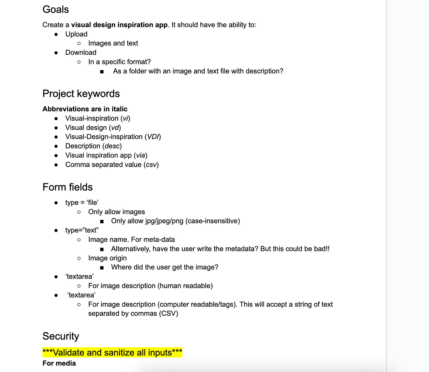 Project keywords and internal notes