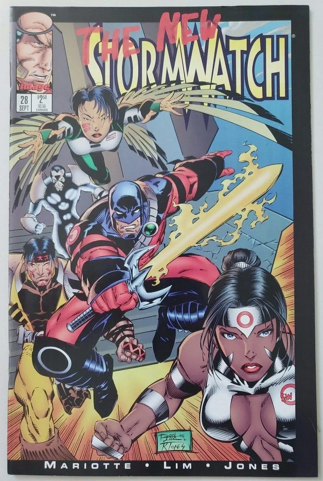 The cover of a comic called StormWatch #28 showing several new superheroes charging toward the reader The cover of a comic called StormWatch #28 showing several new superheroes charging toward the reader