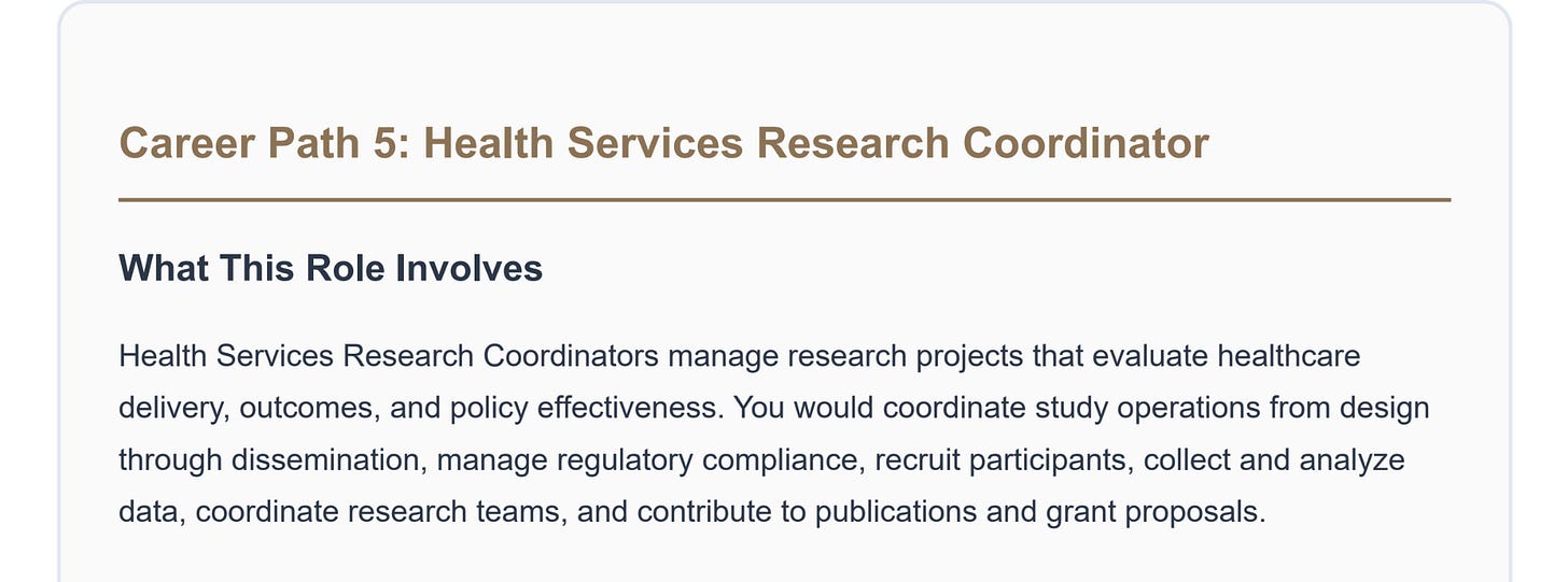 career transitions path suggested: health services research coordinator