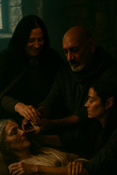A dark fantasy image of Clarion assisting Atan, who resembles Ben Kingsley, with healing an elderly woman. The scene takes place in the candlelit square of Krezk at twilight. Clarion, with black hair and chainmail beneath her cloak, kneels beside the elder, gently holding her wrist and offering a clean cloth. Atan stands nearby, his expression calm and focused, one hand hovering over the woman’s chest as warmth radiates from his palm. The elderly woman is slumped slightly, her eyes closed, wrapped in a shawl. Mist curls around their feet, and villagers watch quietly from behind curtained windows. Ravens perch on the rooftops, and the atmosphere is reverent, intimate, and filled with quiet magic.