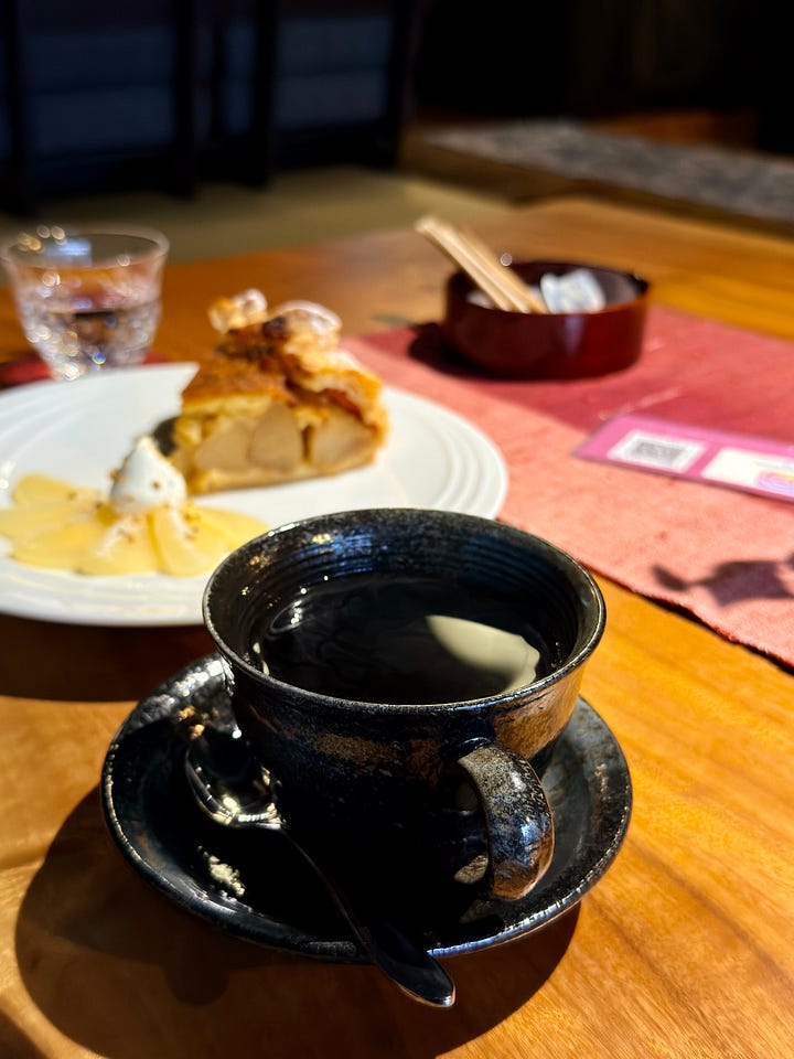 Coffee and dessert (apple pie, cheesecake, pour over coffee, and a craft coffee drink)