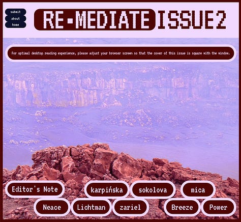 Three images of the covers of three issues of Remediate— issue 0, issue 1, and issue 2. The covers are blue, red, and green respectively.