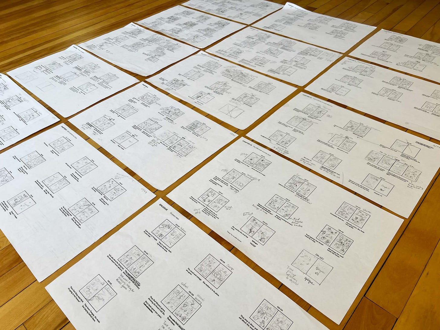 Black and white thumbnail pages by graphic novelist K. Woodman-Maynard for their graphic novel adaptation of Tuck Everlasting. 