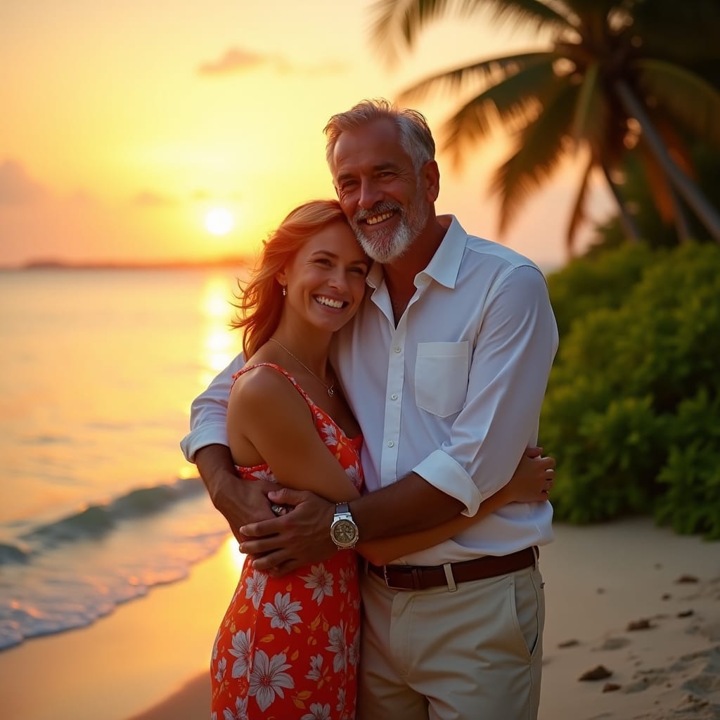 A serene Jamaican sunset casts a warm orange glow on a loving couple, dressed in elegant resort attire, embracing on a picturesque beach, with lush greenery and swaying palm trees in the background. The woman, with a bright floral dress and a warm smile, rests her head on the man's shoulder, while he wraps his arm around her, wearing a crisp white shirt and linen pants. Soft, golden light dances across their faces, as the camera captures a tender moment of their retirement celebration.