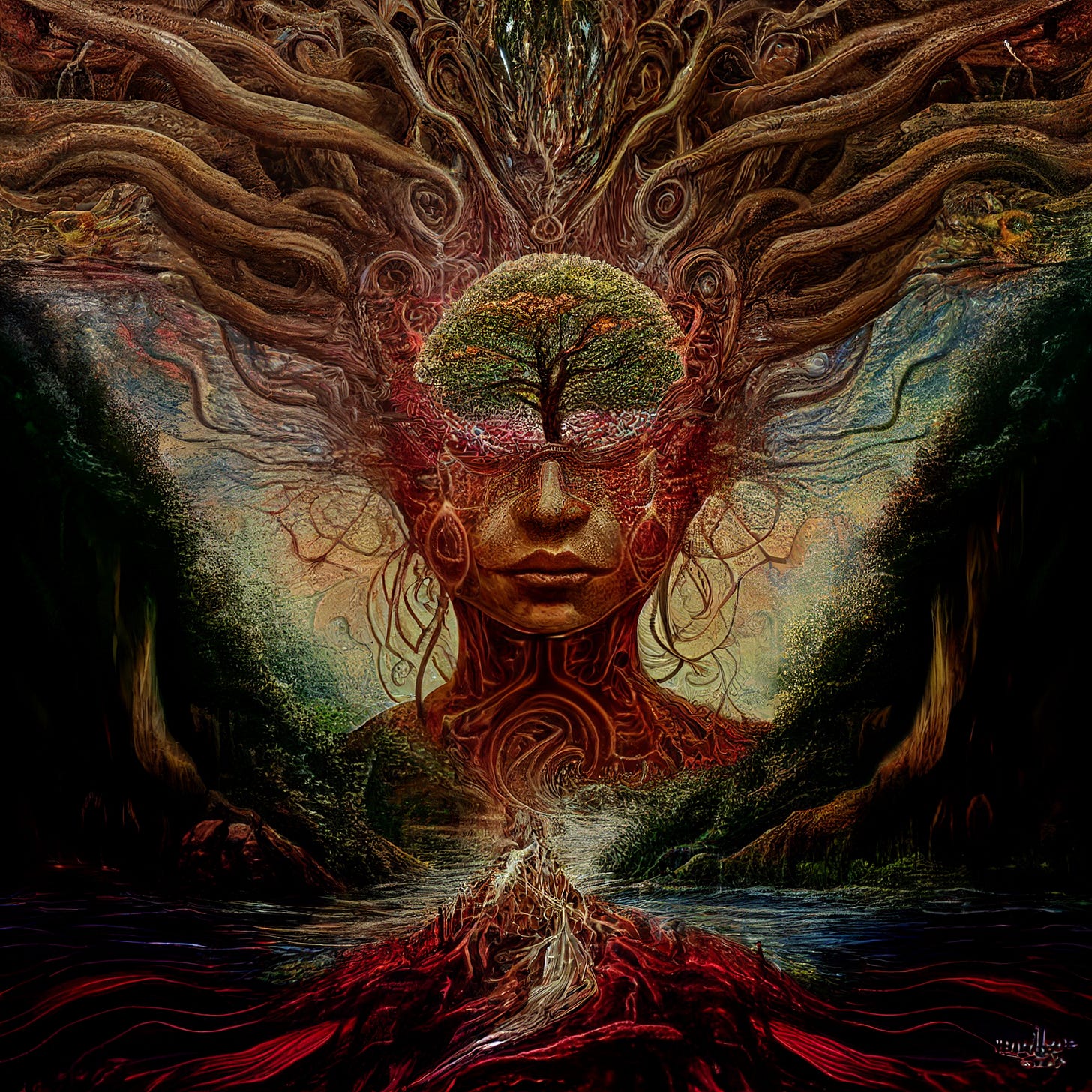 ancestral consciousness flowing with AI, symbolic and meaninful