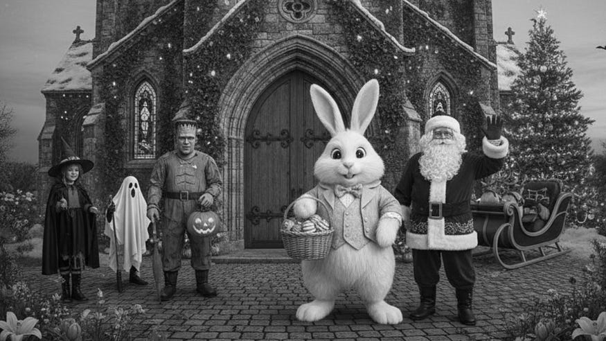 A grayscale image of Santa Claus, the Easter Bunny, a witch, a ghost, and Frankenstein’s monster standing in front of a church.