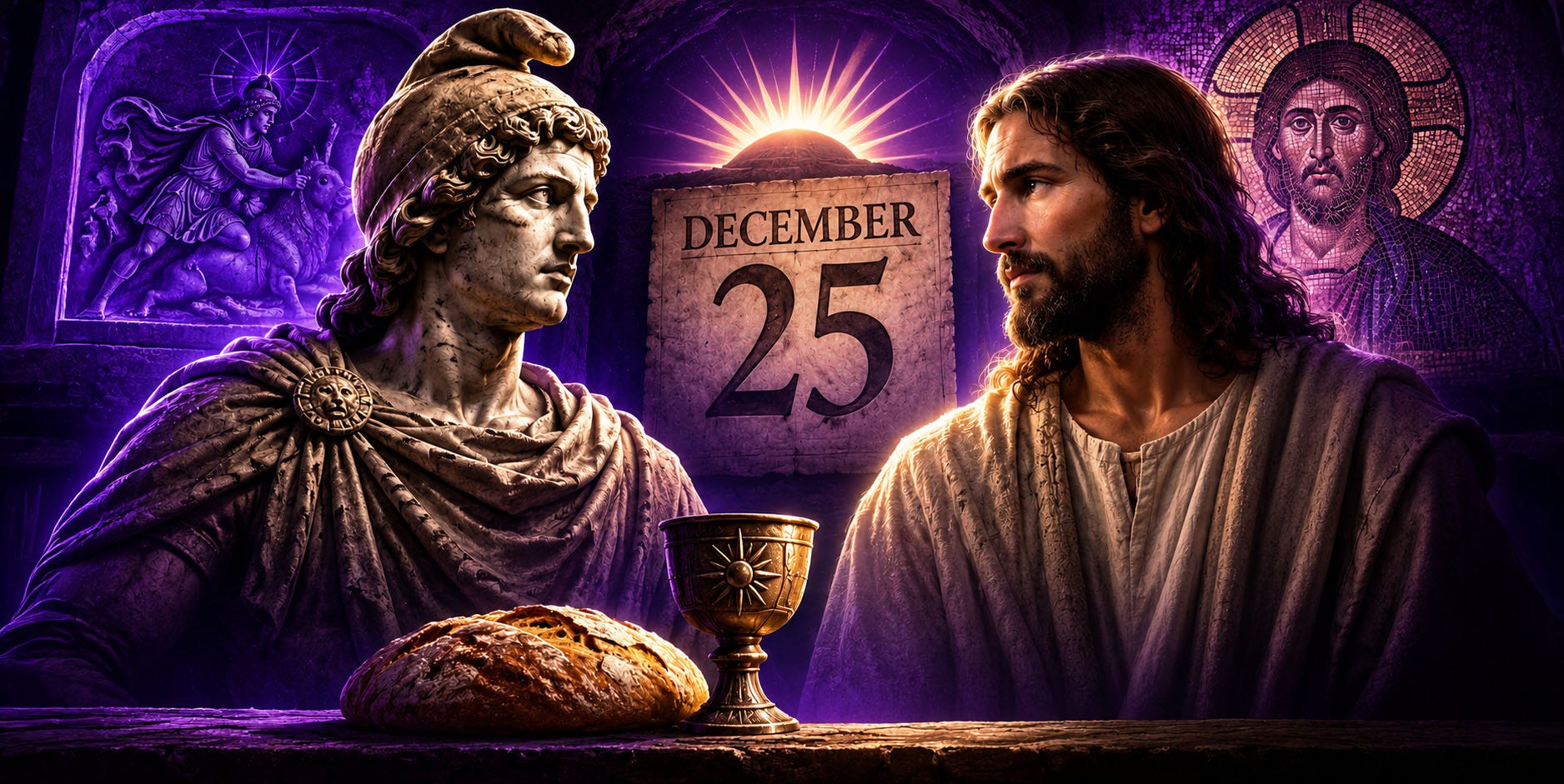 Two figures representing Mithras and Jesus face each other beneath a glowing December 25 inscription, with bread and a chalice in the foreground. Two figures representing Mithras and Jesus face each other beneath a glowing December 25 inscription, with bread and a chalice in the foreground.