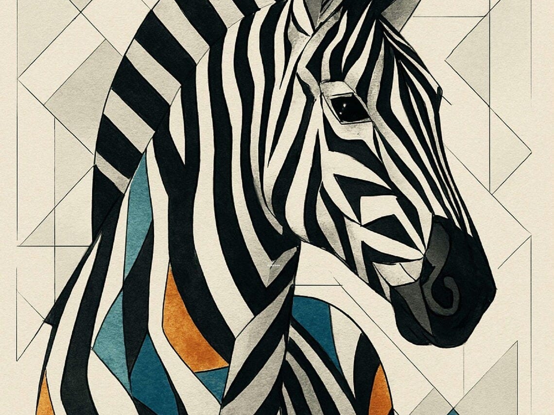May include: A black and white zebra with geometric patterns in blue, orange, and white. The zebra is facing the right side of the image.