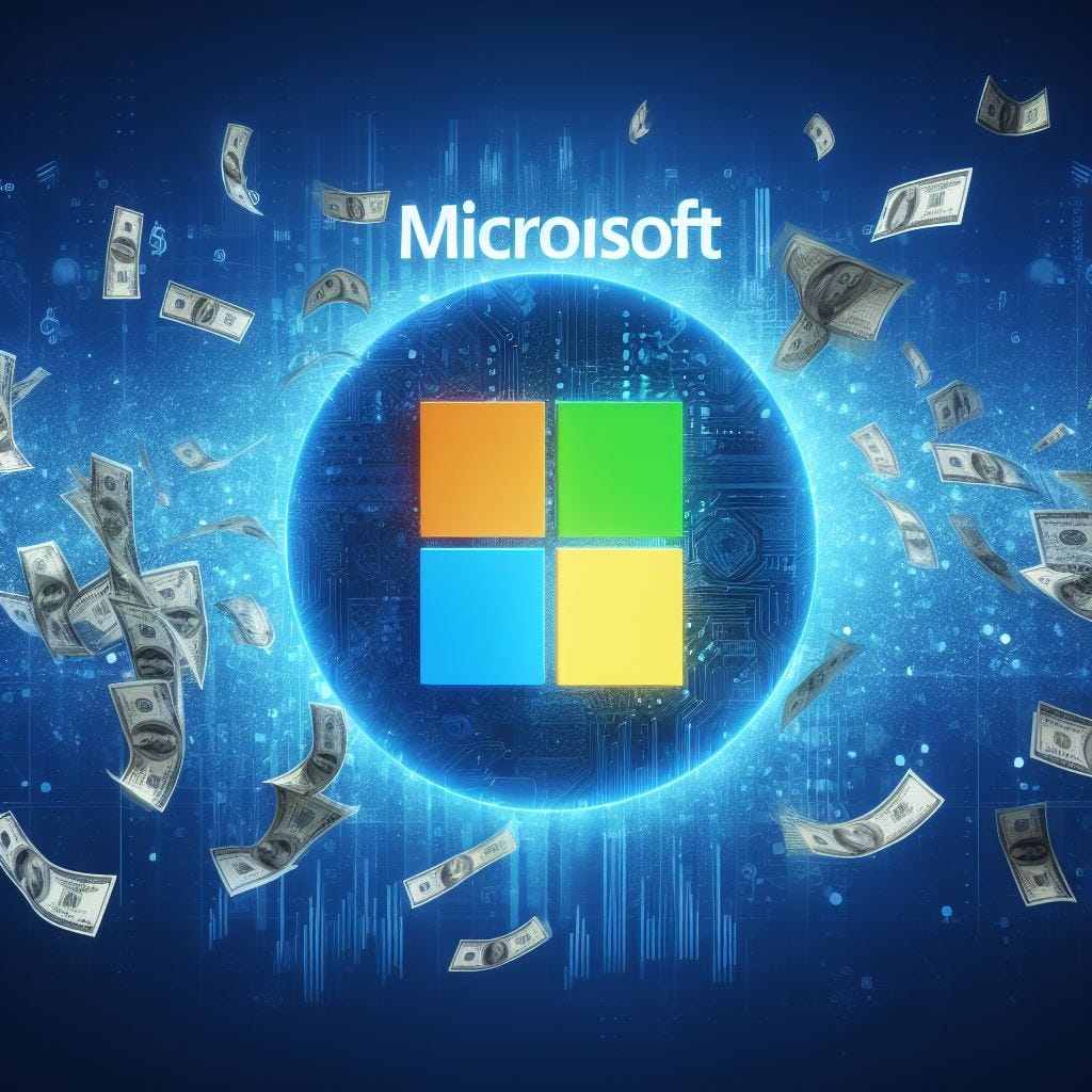 microsoft logo with money falling around it