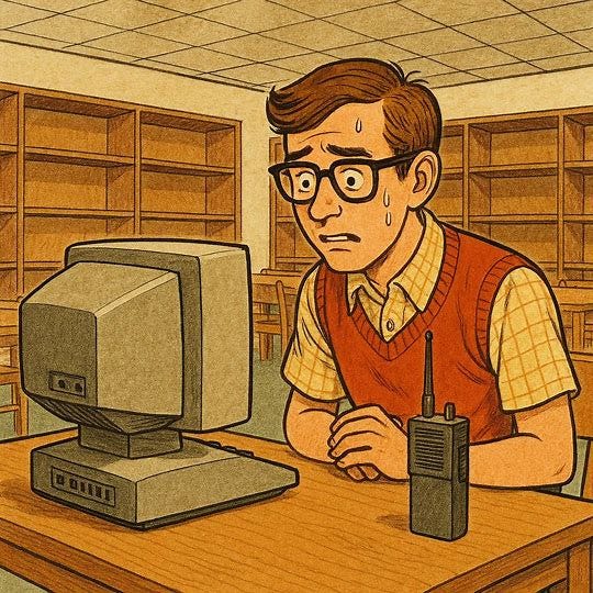 drawing. male caucasian nerd looking nervously at a crt monitor and a walkie talkie on a table in the middle of a school library. empty bookshelves. 2000s fashion. 1960s color drawing. no text.