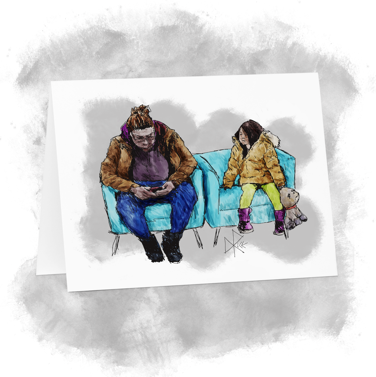 A woman and a girl seated in a public waiting area. The girl holds her stuffed toy animal and looks at the woman, while the woman is looking at the phone in her hands. Sketch art by Don Rice. A woman and a girl seated in a public waiting area. The girl holds her stuffed toy animal and looks at the woman, while the woman is looking at the phone in her hands. Sketch art by Don Rice.
