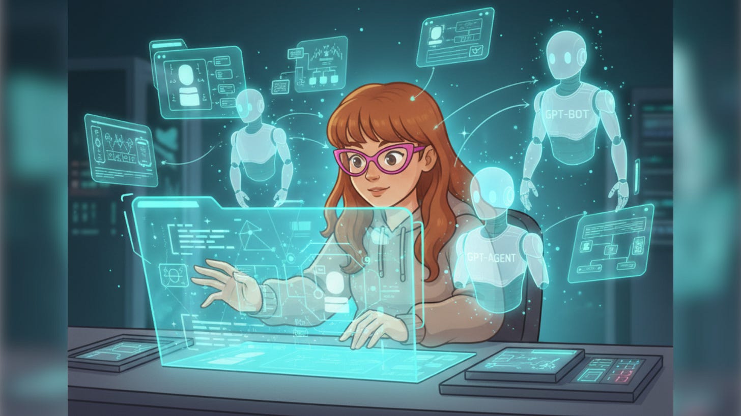 Illustrated woman with glasses working at futuristic holographic interface surrounded by AI chatbot agents labeled GPT-BOT and GPT-AGENT, with transparent screens showing workflows, code, and automation dashboards in teal and blue tones Illustrated woman with glasses working at futuristic holographic interface surrounded by AI chatbot agents labeled GPT-BOT and GPT-AGENT, with transparent screens showing workflows, code, and automation dashboards in teal and blue tones