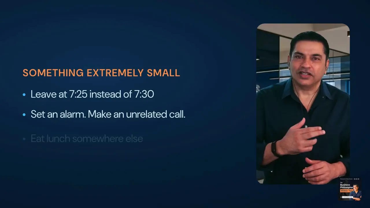 Slide titled Something Extremely Small listing leave earlier, make an unrelated call and eat lunch somewhere else