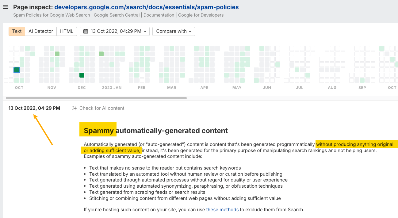 A screenshot of Google's "Spam Policies" page. It highlights "Spammy automatically-generated content" and its definition. A screenshot of Google's "Spam Policies" page. It highlights "Spammy automatically-generated content" and its definition.