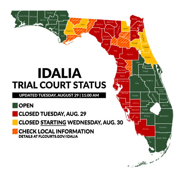 Map of Court Closures Due to Idalia, by County