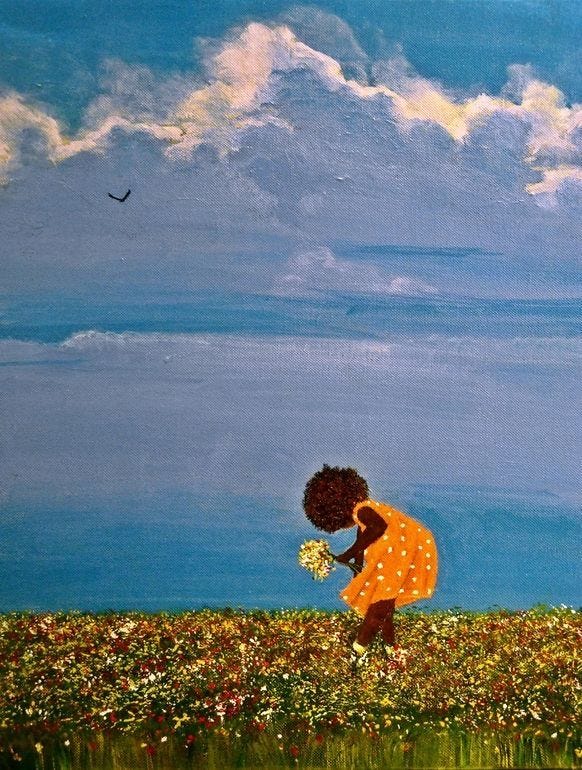 This may contain: a painting of a woman picking flowers in a field