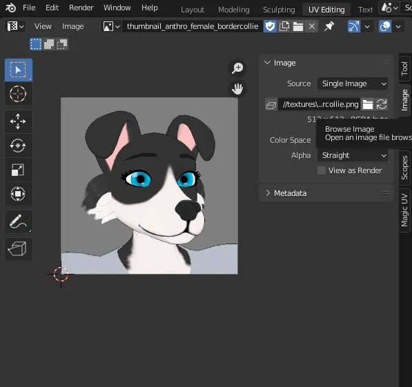 Two Blender UV Editor images in different stages, on the left the old model thumbnail preview window, clicking Browse Image to load a new external image file to replace the old one. In the right the updated thumbnail with the current look of model.