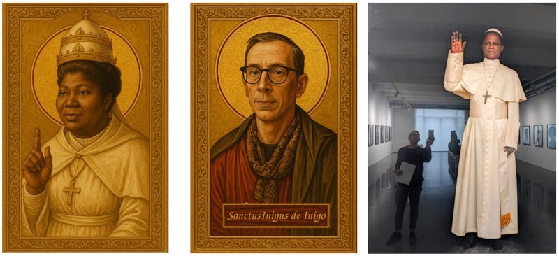 AI-generated icons of a female black pope with the face of gospel singer Mahalia Jackson and of a white saint that resembles web developer Ingo Steinke, and a photograph of the photographer Sam Fosso dressed as a pope