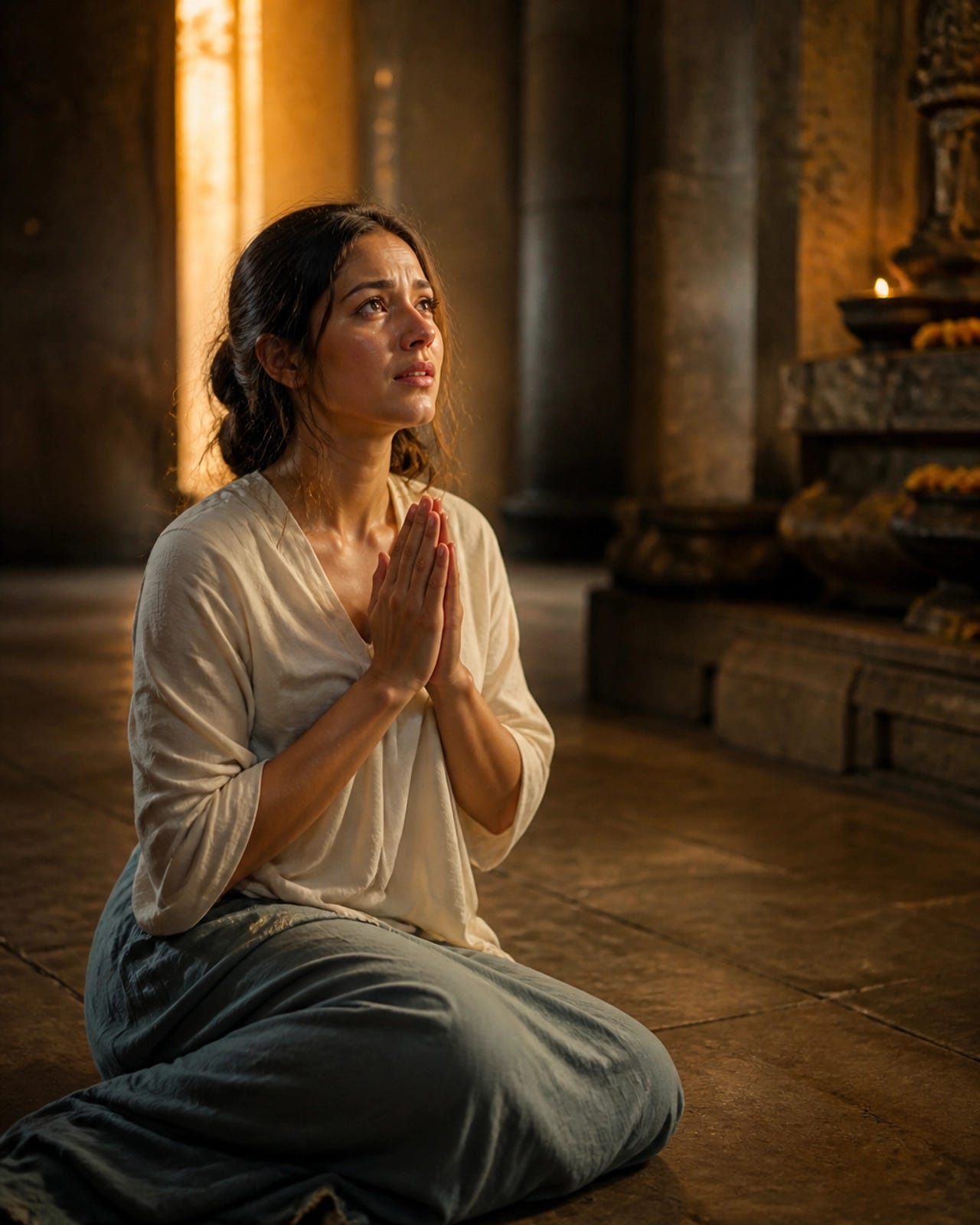 Una mujer en oración silenciosa y profunda, reflejando la entrega de Ana ante Dios Una mujer en oración silenciosa y profunda, reflejando la entrega de Ana ante Dios