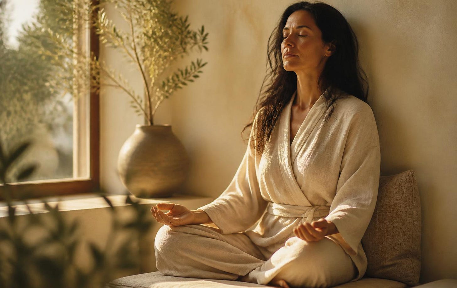 A serene brunette woman meditating in a linen robe, bathed in warm morning sunlight next to a window with olive branches. A serene brunette woman meditating in a linen robe, bathed in warm morning sunlight next to a window with olive branches.