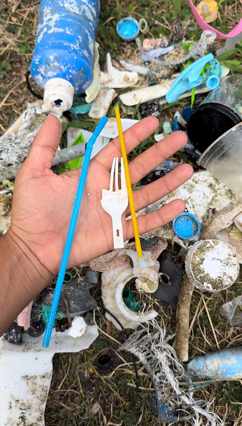 marine debris I have found walking along the beach. Large plastic bouys and plastic pieces and hagfish traps. broken plastic forks and straws in a pile of trash and some bottles and fishing nets and line laying in the sand