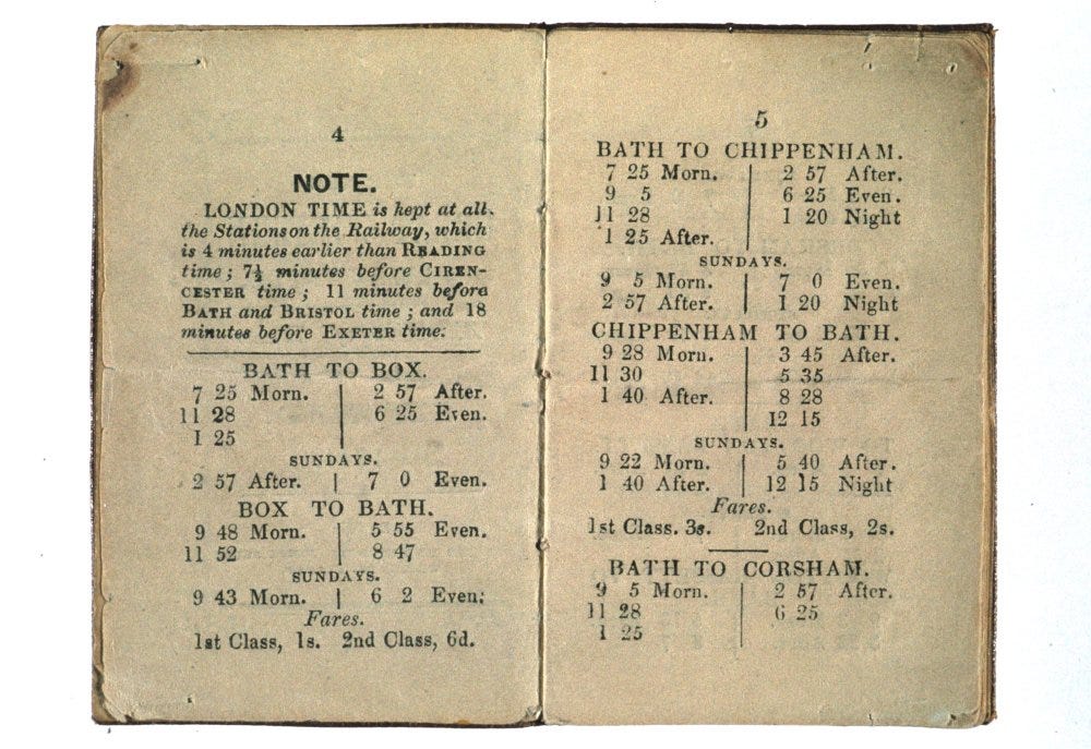 An early railway timetable, 1844, with reference to London time An early railway timetable, 1844, with reference to London time