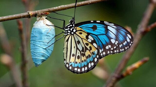 blue and black butterfly emerging from cocoon on a branch representing  transformation growth and nature evolution
