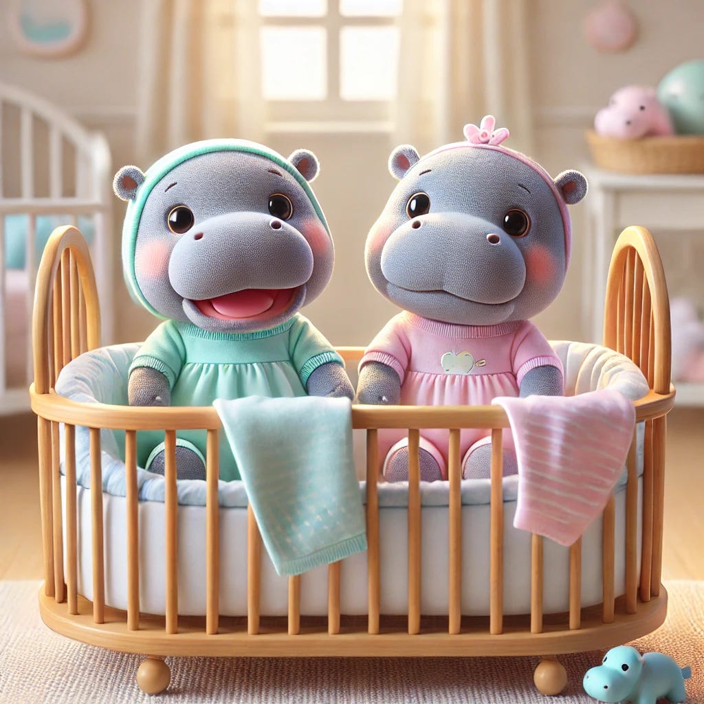 Two baby hippopotamuses dressed as human babies in a shared bassinet, looking happy. The baby hippos are wearing cute, pastel-colored baby clothes, with soft blankets around them. The bassinet is large enough to comfortably fit both of them, with a cozy and gentle design, surrounded by plush toys. The scene is light-hearted and joyful, with the baby hippos smiling and appearing playful. The background is a simple nursery setting, with soft lighting that enhances the warm and happy atmosphere.
