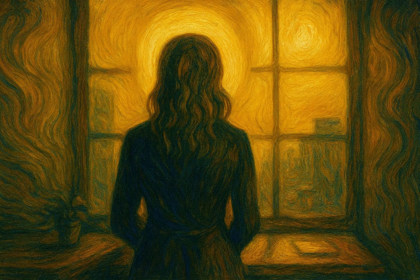 Expressionist oil painting of a silhouetted woman standing before a window at sunset. Swirling golden brushstrokes illuminate a glowing halo around her head, casting her as a saint-like figure against the fiery sky. Expressionist oil painting of a silhouetted woman standing before a window at sunset. Swirling golden brushstrokes illuminate a glowing halo around her head, casting her as a saint-like figure against the fiery sky.