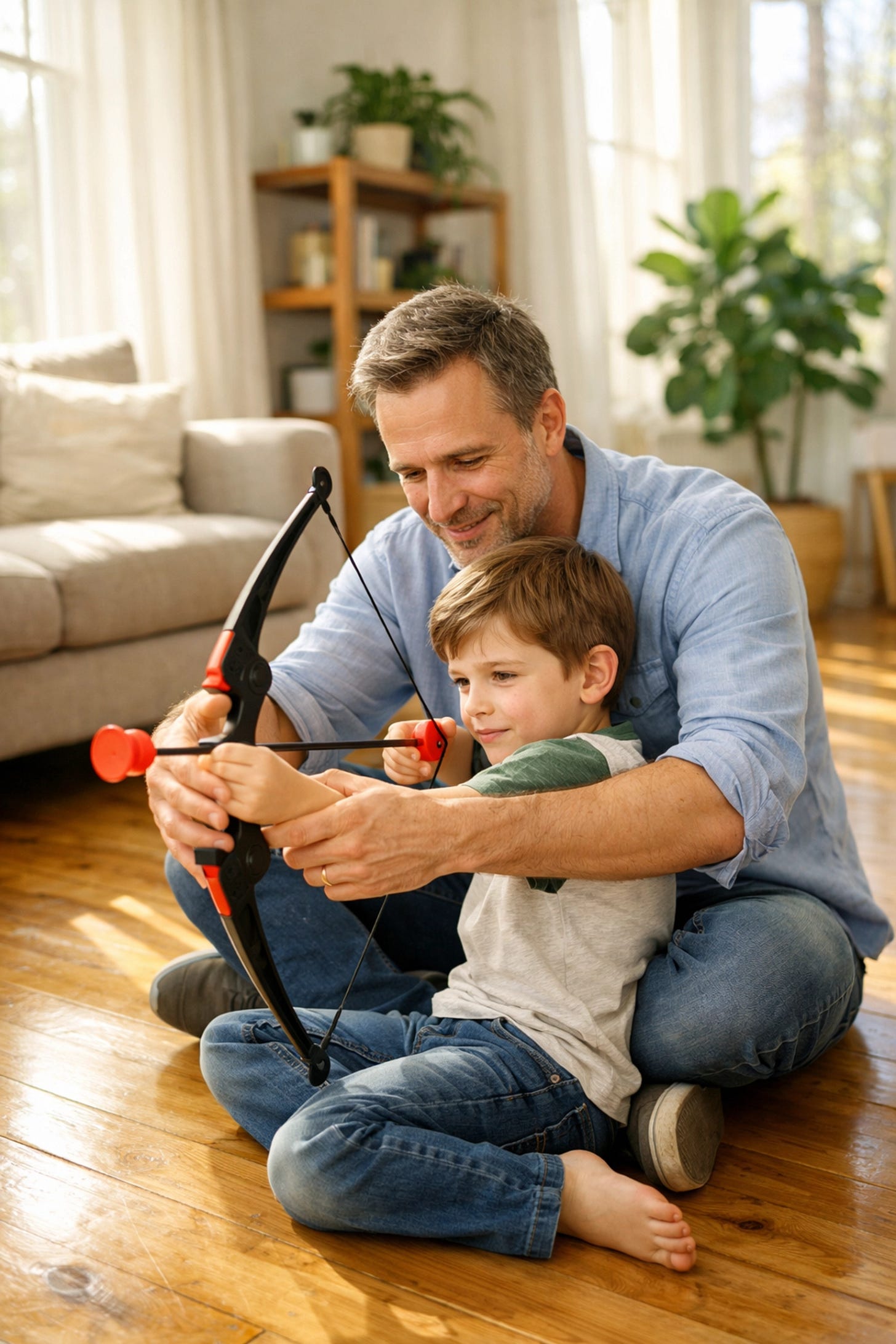 Father teaching young son with patient guidance, showing biblical stewardship in parenting