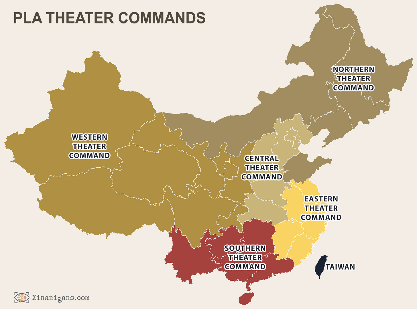 Map of China showing the five PLA theater commands: Northern, Southern, Eastern, Western, and Central.