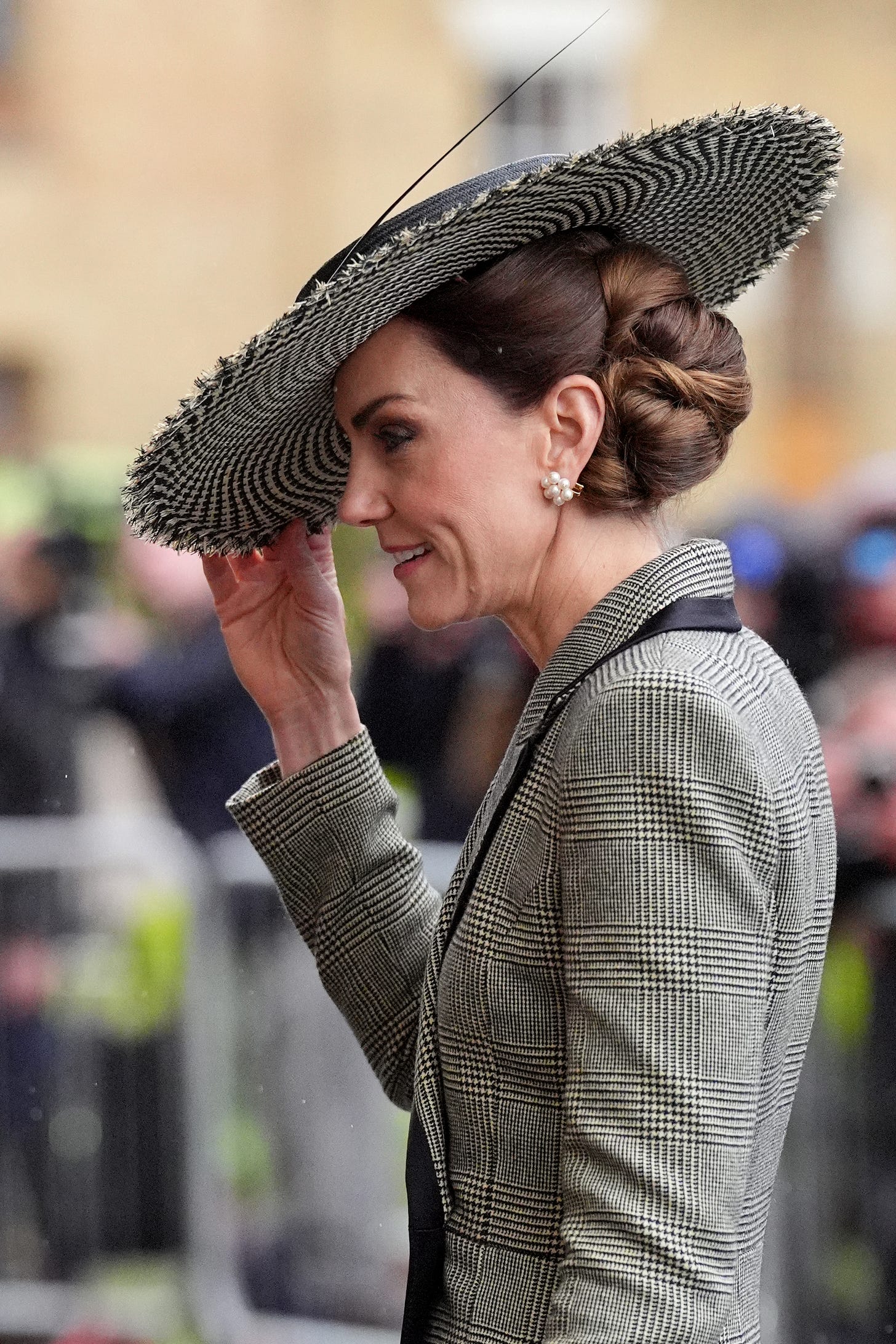 Princess Kate wearing a plaid suit and large hat Princess Kate wearing a plaid suit and large hat