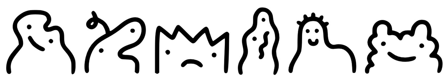 Row of simple black-and-white doodle characters with varied expressions and shapes. Row of simple black-and-white doodle characters with varied expressions and shapes.
