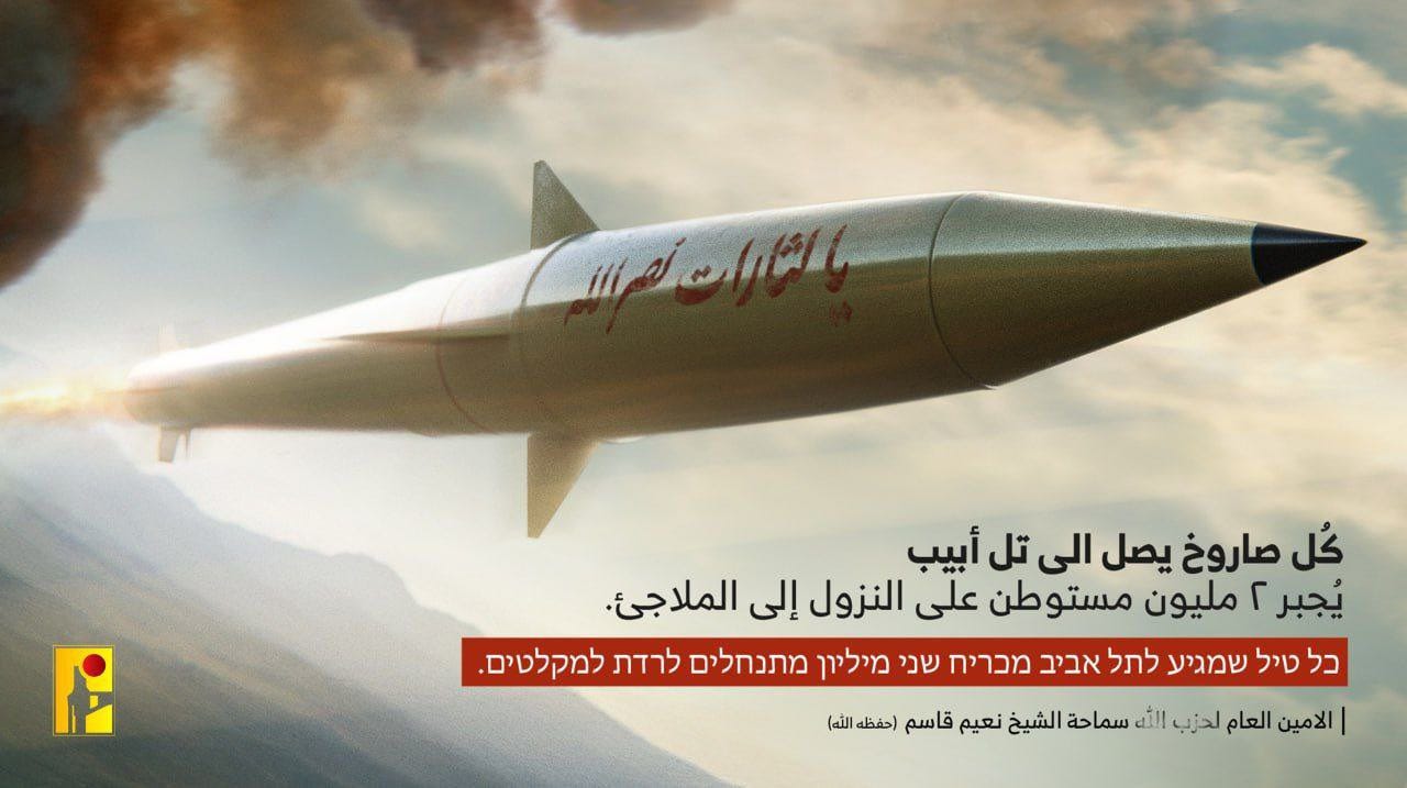 Every missile that reaches Tel Aviv forces 2 million settlers to go down to shelters. Every missile that reaches Tel Aviv forces 2 million settlers to go down to shelters.