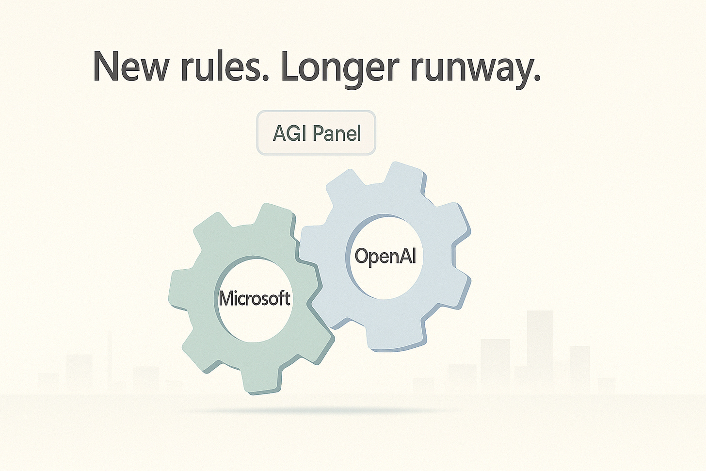 Microsoft and OpenAI shown as interlocking gears with an independent AGI panel hovering above.