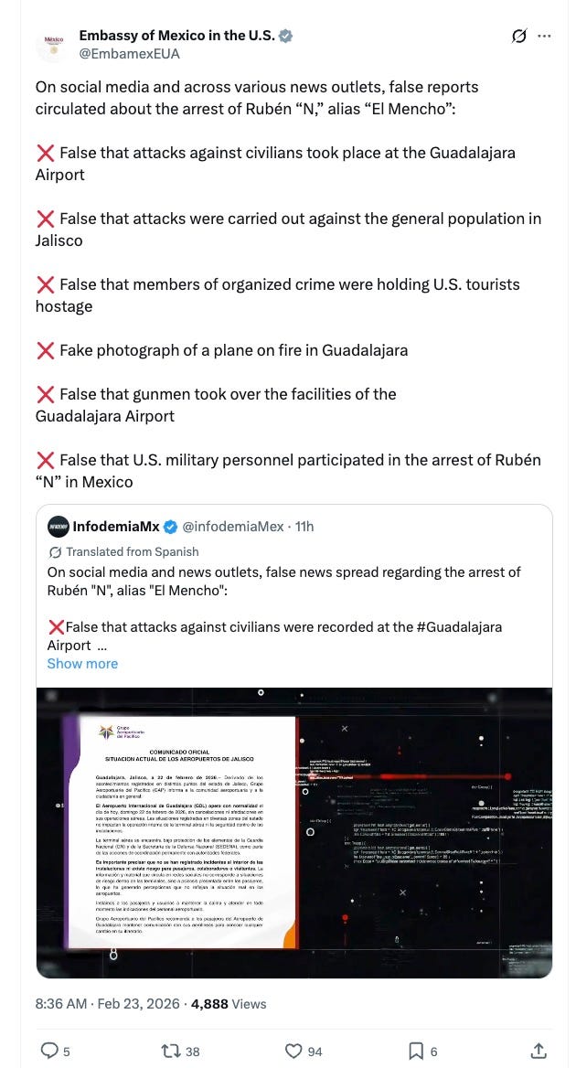 On social media and across various news outlets, false reports circulated about the arrest of Rubén “N,” alias “El Mencho”:   False that attacks against civilians took place at the Guadalajara Airport   False that attacks were carried out against the general population in Jalisco   False that members of organized crime were holding U.S. tourists hostage   Fake photograph of a plane on fire in Guadalajara   False that gunmen took over the facilities of the  Guadalajara Airport   False that U.S. military personnel participated in the arrest of Rubén “N” in Mexico