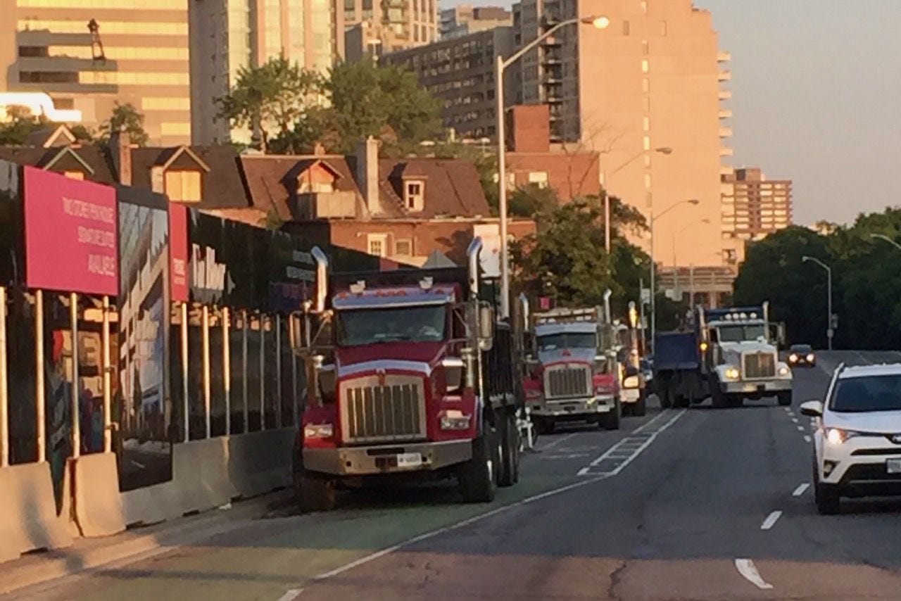 Dump Trucks in Bike Lane, Bloor Street E