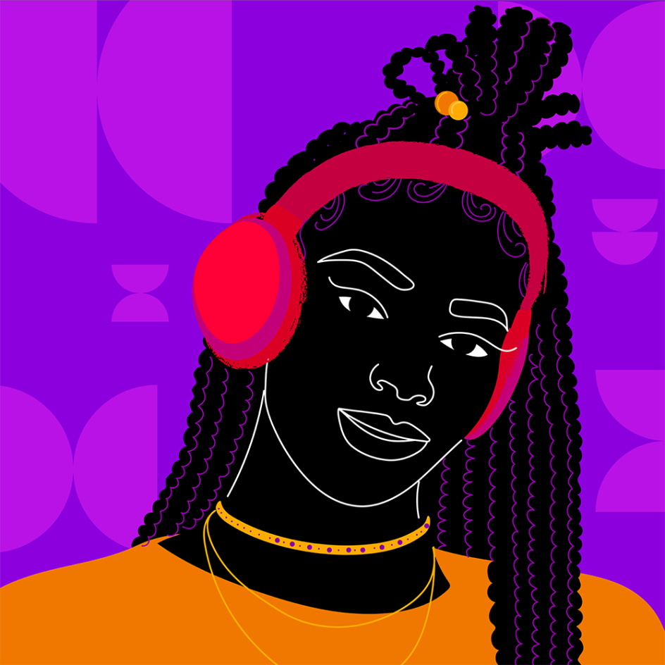 Aurélia Durand on finding her identity, celebrating African culture, and the importance of diversity Vibrant Afrocentric illustration of a Black woman with braided hair and red headphones on a purple geometric background. Artwork by Aurélia Durand. Aurélia Durand on finding her identity, celebrating African culture, and the importance of diversity Vibrant Afrocentric illustration of a Black woman with braided hair and red headphones on a purple geometric background. Artwork by Aurélia Durand.