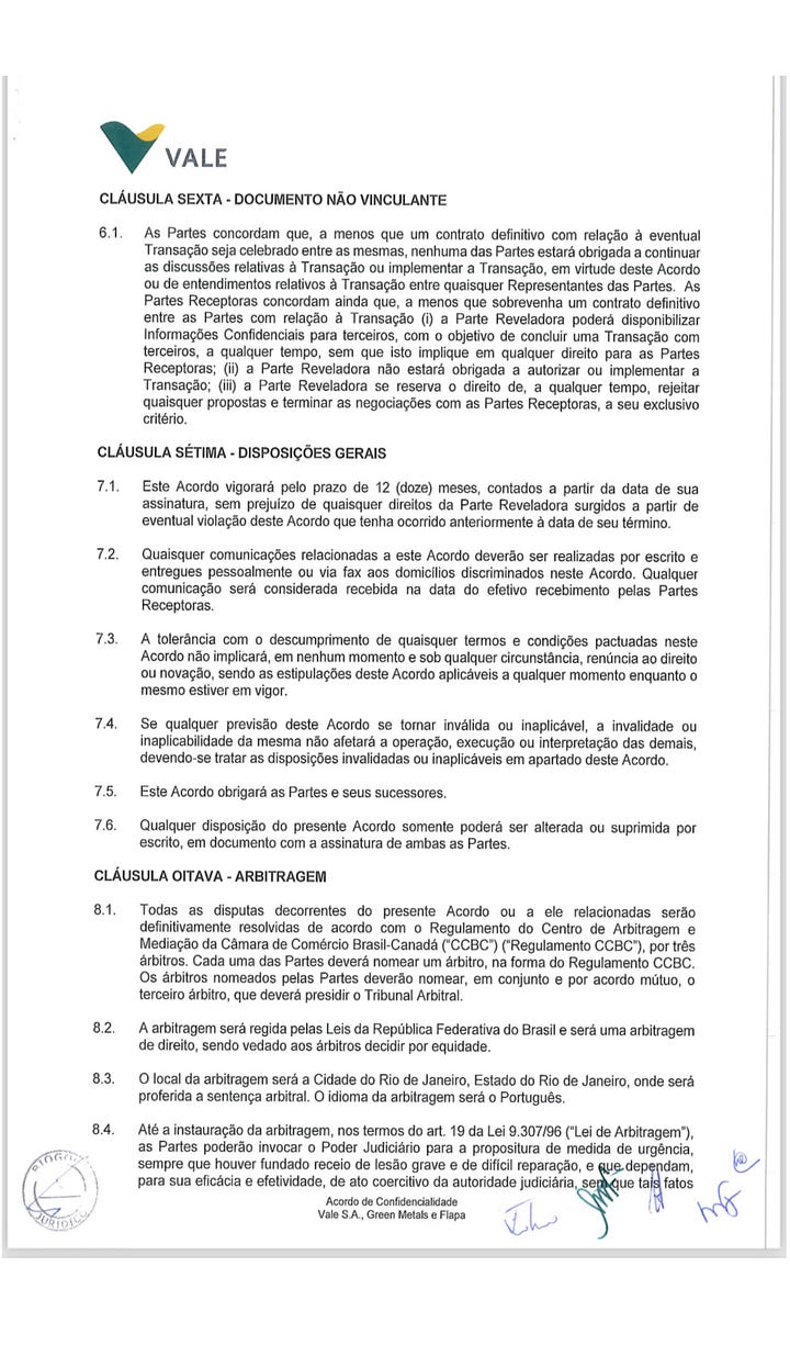 DOCUMENTO INÉDITO — Acordo de Confidencialidade celebrado em 20 de julho de 2017 entre VALE S.A. (como “Parte Reveladora”), GREEN METALS SOLUÇÕES AMBIENTAIS S.A. e FLAPA MINERAÇÃO E INCORPORAÇÕES LTDA. (como “Partes Receptoras”). Objeto: “estéril de formação ferrífera de Jangada e Feijão”. Signatário pela Vale: Lúcio Cavalli. Signatária pela Green Metals: Luciana Freitas Goulart. Documento omitido pela Vale durante a CPI de Brumadinho da ALMG. Divulgado aqui pela primeira vez.