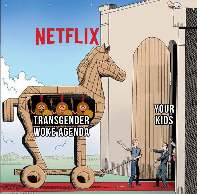 A large wooden Trojan horse with wheels, labeled "TRANSGENDER WOKE AGENDA" and featuring three figures inside labeled "TRANSGENDER." The horse is positioned outside a building with an open wooden door labeled "YOUR KIDS." Two men, one pulling a rope attached to the horse and another gesturing toward the door, stand nearby. The Netflix logo is visible on the horse.
