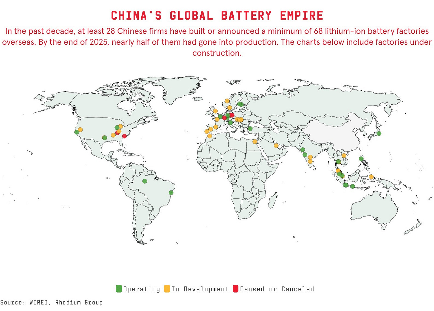 A world map visualization of 68 battery factories with Chinese company involvement. The headline of the map is China's Global Battery Empire.