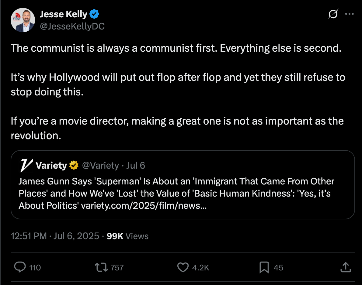 Jesse Kelly: The communist is always a communist first. Everything else is second.   It’s why Hollywood will put out flop after flop and yet they still refuse to stop doing this.  If you’re a movie director, making a great one is not as important as the revolution.