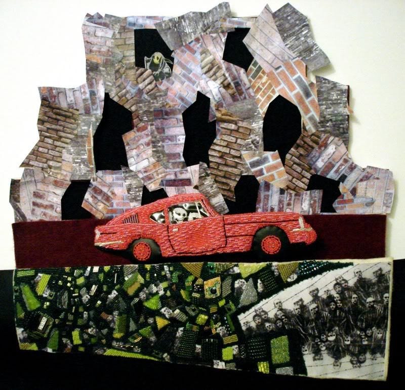 Beaded Banksy Pink Car Triumph GT6. Brick Lane, London. Grim Reaper Haunted House