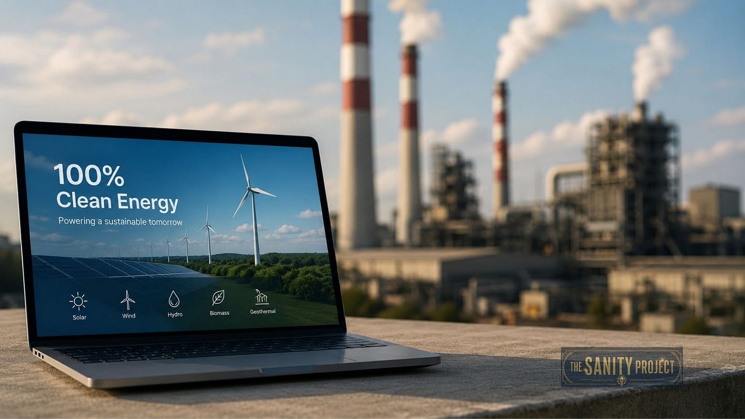 A corporate clean energy claim shown against Alberta’s gas-powered reality