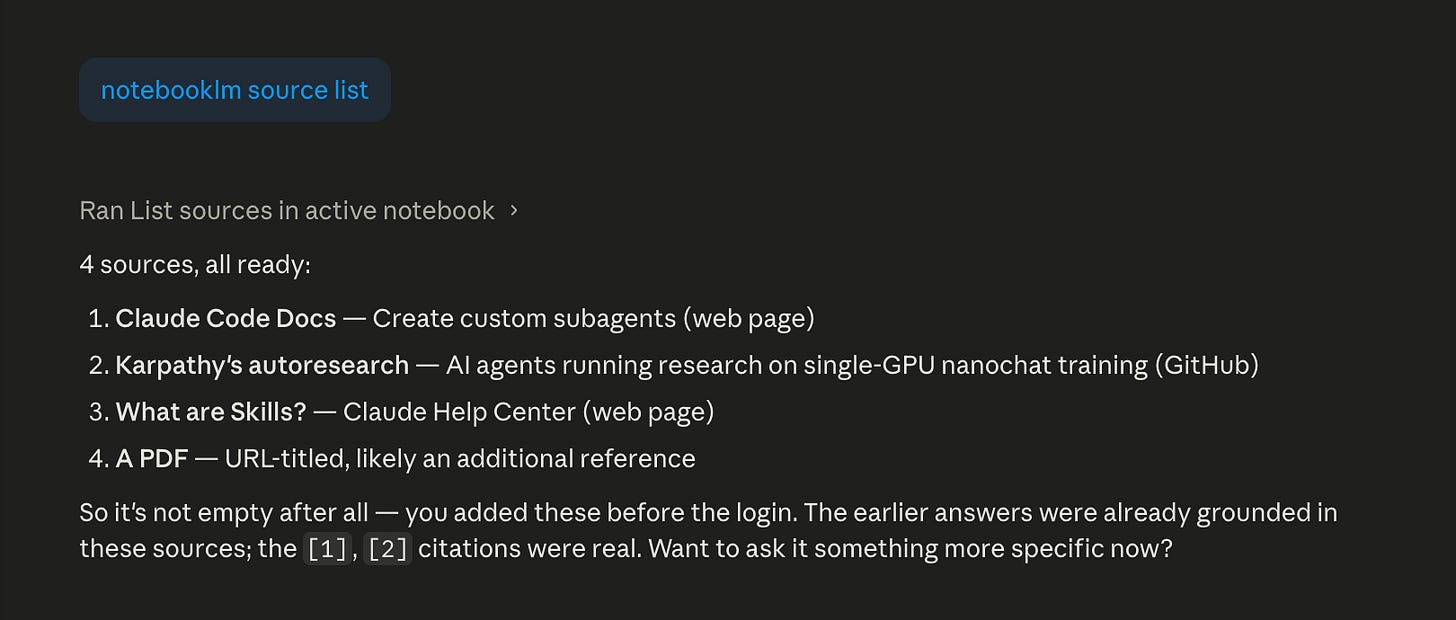 Claude Code Desktop showing `notebooklm source list` output, 4 sources listed, all status “ready.”
