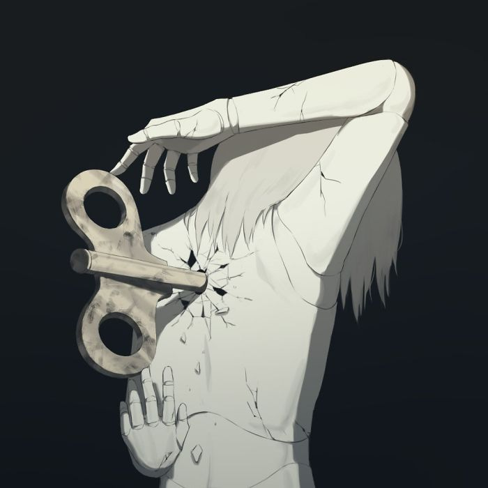 This may contain: a woman holding a pair of scissors in her right hand and looking through the hole