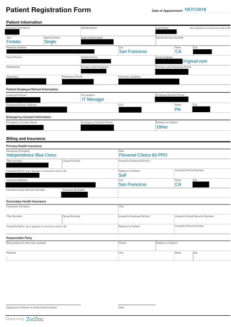 Redacted examples of the exposed documents on the database. Image 1 shows a patient registration form. Image 2 shows a screenshot of an entry in OVLGcrm. Image 3 shows a ROI doc. Image 4 shows a CURES report. Image 5 shows a patient report for Savantcare. Image 6 shows an Anthem Blue Cross insurance card.